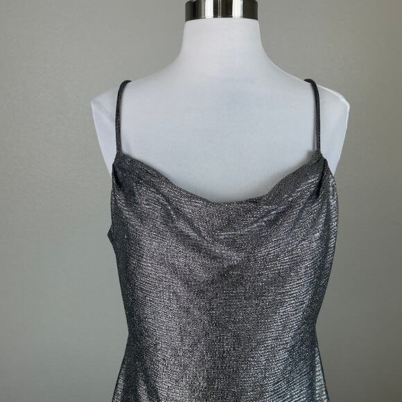 Silver Metallic Sleeveless Midi Sheath Cocktail Dress Size 10 Nightway Cowl Neck - Picture 7 of 13